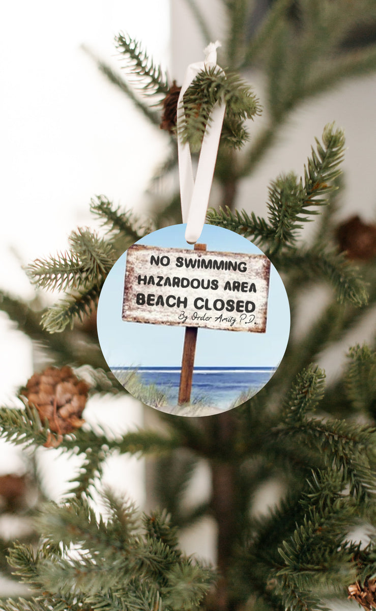 Jaws No Swimming Hazardous Area Beach Closed Sign Ornament Get 50