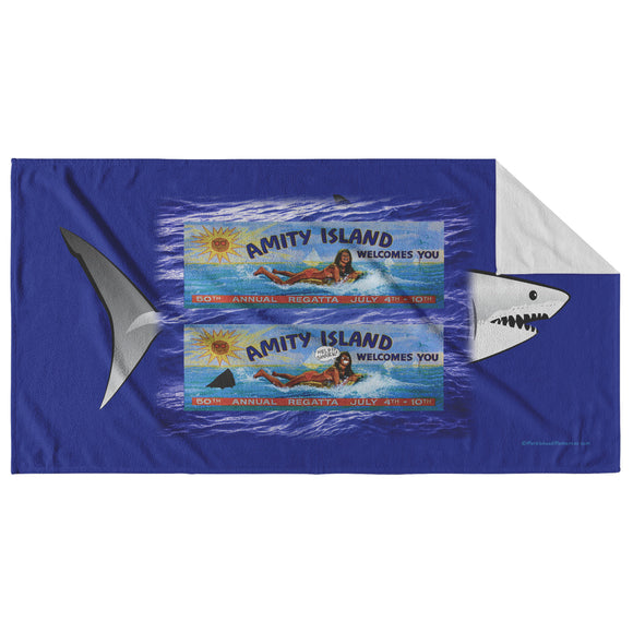 Amity Billboard Shark Bckgrnd, Beach Towel