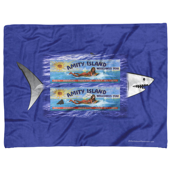 Amity Sign w Shark Bckgrnd - Fleece Blanket