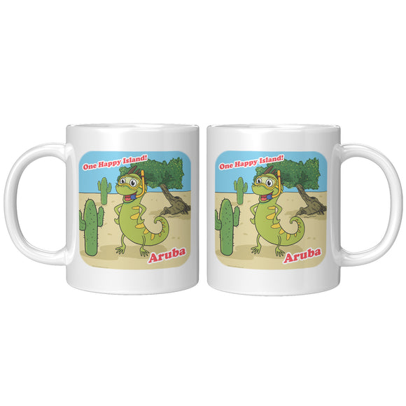 Aruba - One Happy Island, Iquana Cactus Cartoon, Mug