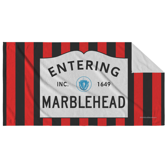 Entering Marblehead Sign Beach Towel - Red-Blk Bckgrnd