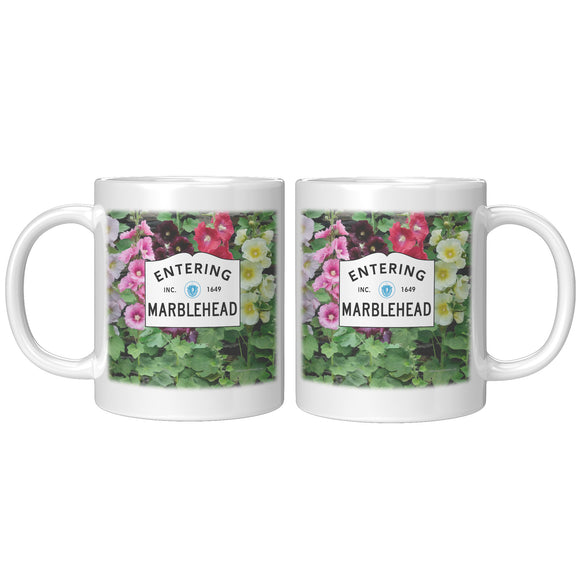 Entering Marblehead Sign, Hollyhocks - Mug