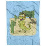 Iguana Cactus Cartoon - Fleece Blanket - Blue Bckgrnd