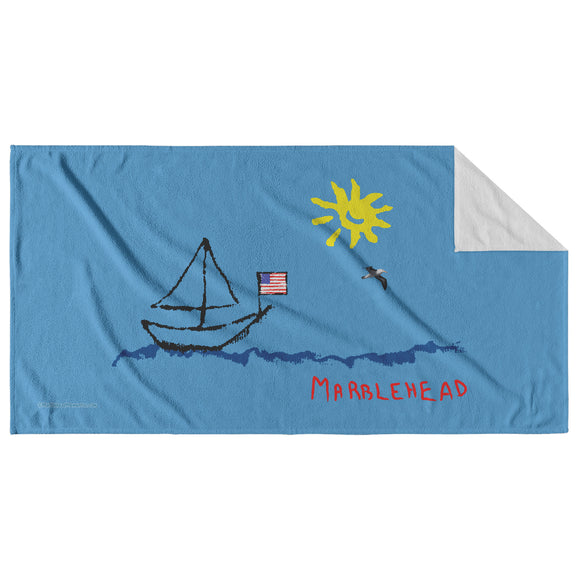 Marblehead - Sailboat & Sun Sketch - Beach Towel