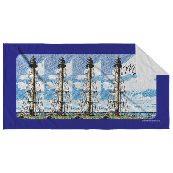 Marblehead 4 Lighthouse Sketch Beach Towel - Dark Blue Bckgrnd