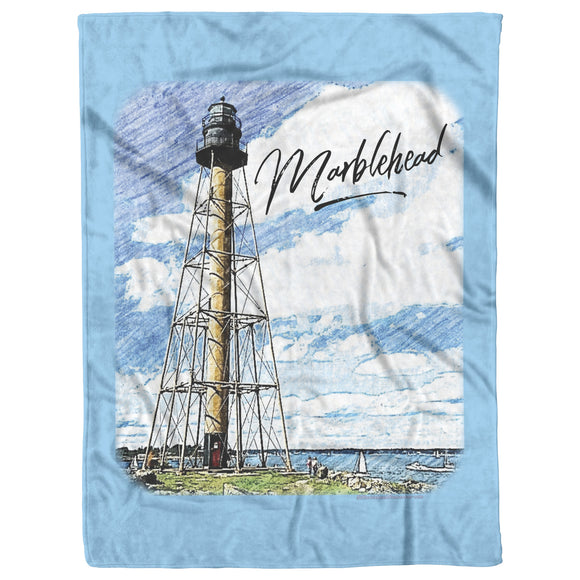 Marblehead Lighthouse Color Sketch -Fleece Blanket - Blue Bckgrnd