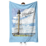 Marblehead Lighthouse Color Sketch -Fleece Blanket - Blue Bckgrnd