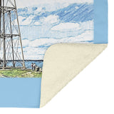 Marblehead Lighthouse Color Sketch -Fleece Blanket - Blue Bckgrnd