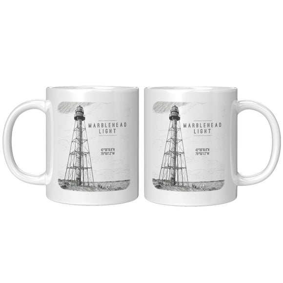 Marblehead, Lighthouse Sketch b&w lat-lon - Mug v1