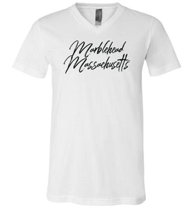 Marblehead Massachusetts - Blk Script T-Shirt - Unisex V-Neck - by Canvas