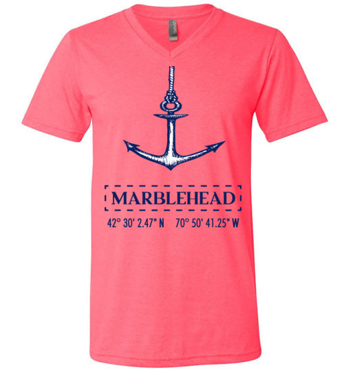 Marblehead Anchor Latitude-Longitude - Unisex V-Neck T-Shirt - by Canvas