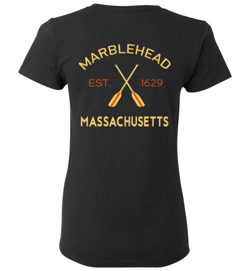 Marblehead, Est. 1629 with Oars - Ladies T-Shirt (FRONT LEFT & BACK PRINT) - Gildan
