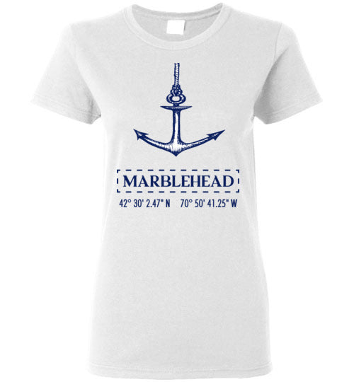 Marblehead Anchor Latitude-Longitude - Ladies T-Shirt - Gildan
