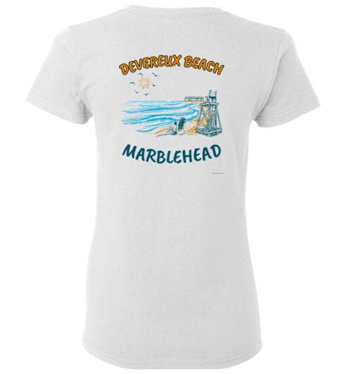 Devereux Beach, Marblehead v1 - Ladies T-Shirt (FRONT LEFT & BACK PRINT) - Gildan