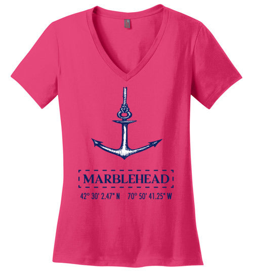 Marblehead Anchor Latitude-Longitude - Ladies V-Neck T-Shirt - by District