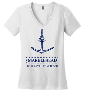Marblehead Anchor Latitude-Longitude - Ladies V-Neck T-Shirt - by District