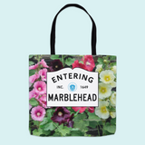Entering Marblehead Sign, Hollyhocks - Tote Bag