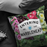Marblehead - Entering Marblehead Sign - Pillow - Hollyhocks