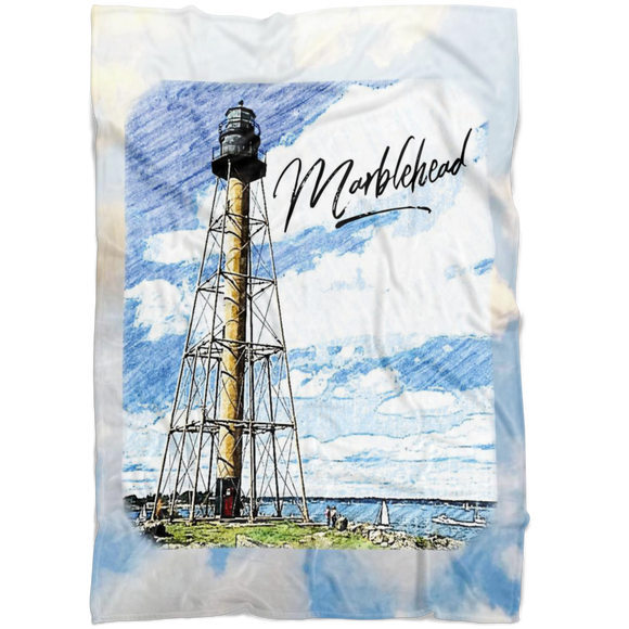Marblehead Lighthouse Color Sketch - Clouds - Fleece Blanket