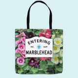 Entering Marblehead Sign, Hollyhocks - Tote Bag