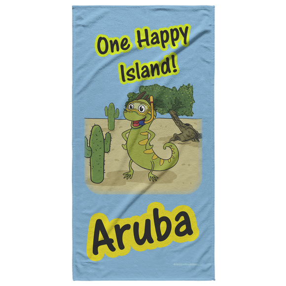 Aruba Iguana Cactus Cartoon - Beach Towel - Blue Bckgrnd - Special Limited Time Discount! 20% OFF will be automatically deducted at checkout.