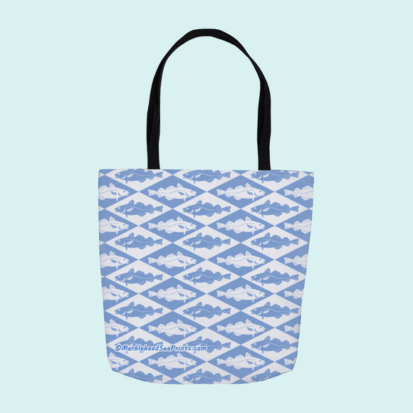 Marblehead SeaPrints Tote Bag - Codfish Print - Pastel Blue