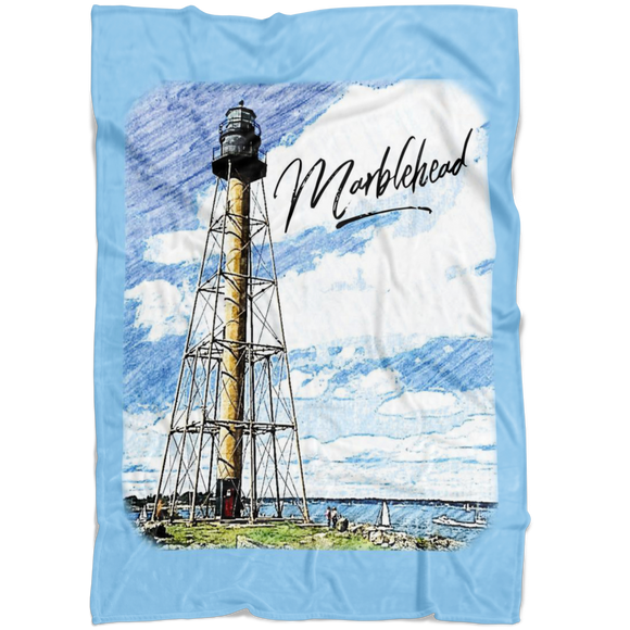 Marblehead Lighthouse Color Sketch - Blue - Fleece Blanket
