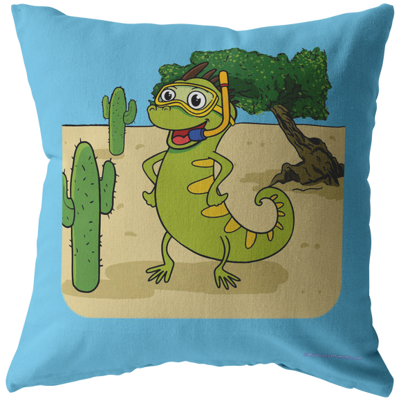 Iguana Cactus Cartoon - Pillow - Blue Background