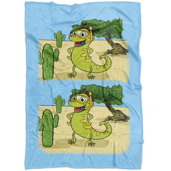 Iguana Cactus Cartoon - 2 Image - Blue - Fleece Blanket