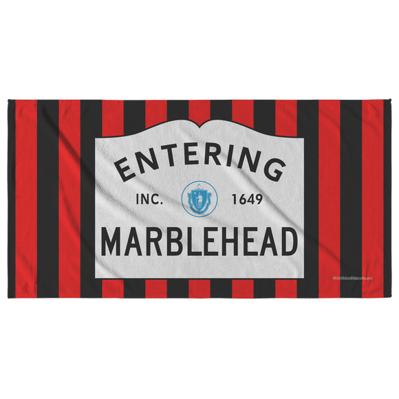 Entering Marblehead Sign Beach Towel - Red-Blk Bckgrnd