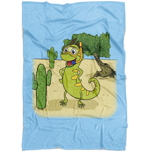 Iguana Cactus Cartoon - Blue - Fleece Blanket