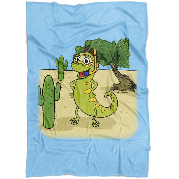 Iguana Cactus Cartoon - Blue - Fleece Blanket