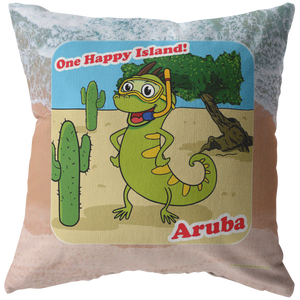 ARUBA Iguana Cactus Cartoon - Pillow - Sand Bckgrnd - Special Limited Time Discount! 20% OFF will be automatically deducted at checkout.