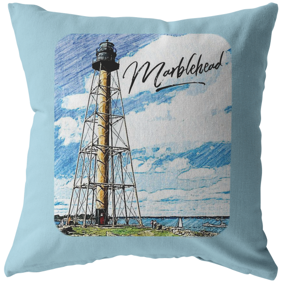 Marblehead Lighthouse Color Sketch Pillow, Blue Bckgrnd