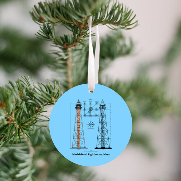 Marblehead Lighthouse Plan Ornament, Blue Background - Get 50% OFF When you By 10 or more! Mix & Match! GREAT GIFT IDEA!